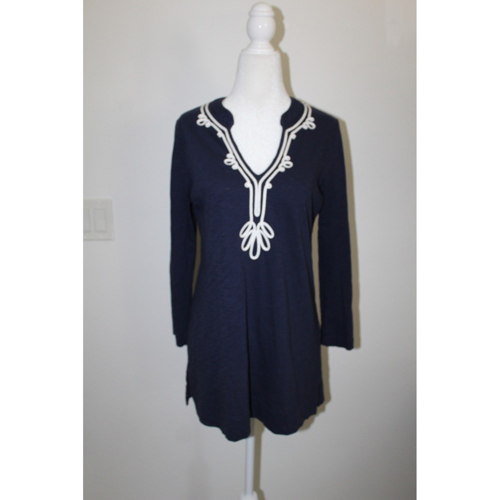 Lilly Pulitzer Navy Blue Embroidered Soutache Slub Cotton Tunic Top Small Preppy